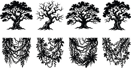 Set of old tree silhouettes and hanging jungle lianas isolated vectors on a white background © Noman