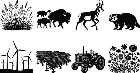 Set of rural life, prairie wildlife, and renewable energy silhouettes isolated on white background © Noman