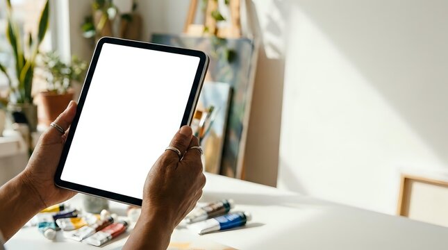 Close-up of hands holding tablet with blank white screen at desk with plants and art supplies, suitable for app mockups and digital marketing.
