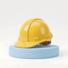 Fototapeta premium Yellow hard hat on blue podium, industrial safety helmet for construction work, protective headwear on minimalist stage for site security