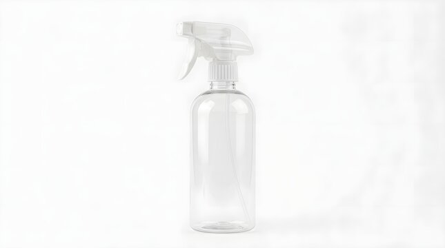 An empty clear plastic spray bottle with a trigger nozzle on a white background.