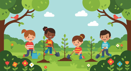 Four happy children are working together in a lush green park to plant young trees using shovels and watering cans under a bright blue sky. © Hulu