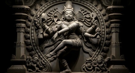 Fototapeta premium Intricate stone carving of a deity with detailed ornamentation and traditional attire, showcasing ancient craftsmanship and religious symbolism.