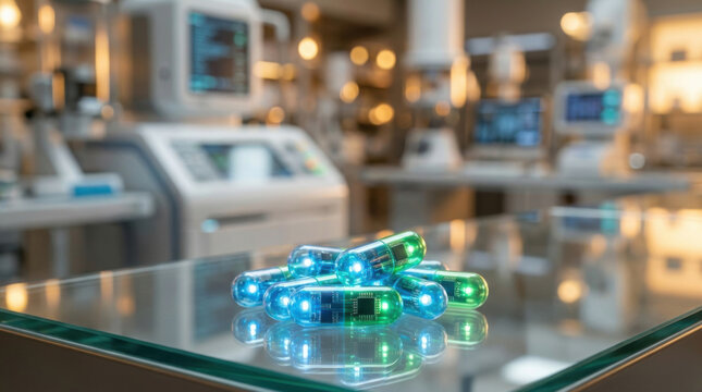 Glowing smart pill on glass table in modern laboratory with blurred medical monitor and equipment