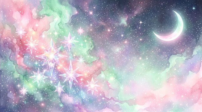 パステルカラーの幻想的な宇宙と三日月の水彩背景