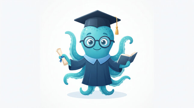 Cartoon blue octopus wearing glasses and graduation cap holding book on white background