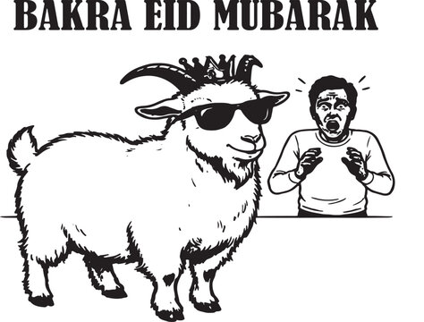 Bakra Eid Mubarak greeting vector, funny goat wearing sunglasses and crown, shocked man in retro comic style, religious holiday celebration