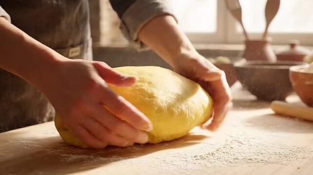 Close-up of a baker kneading fresh yellow dough on a wooden table, dusting flour with a dramatic splash effect in a warm, sunlit kitchen.