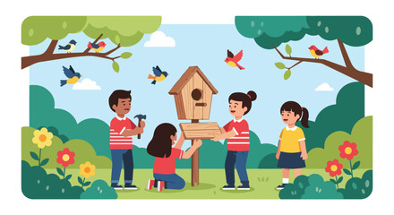 Fototapeta premium A group of cheerful children collaboratively builds a wooden birdhouse in a lush green park filled with vibrant flowers and flying birds.