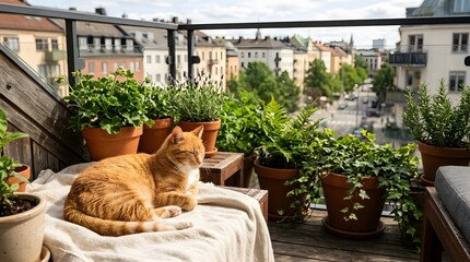 Fototapeta na wymiar Cozy balcony with orange cat relaxing on a cushion overlooking a cityscape.