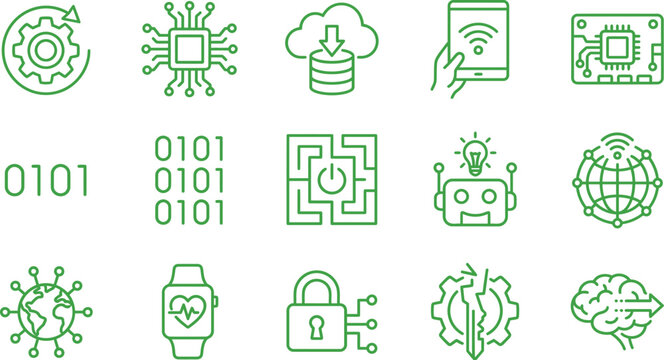 Green linear technology icons depicting digital evolution artificial intelligence robotics cybersecurity and global networking concepts with technology evolution intelligence robotics cybersecurit