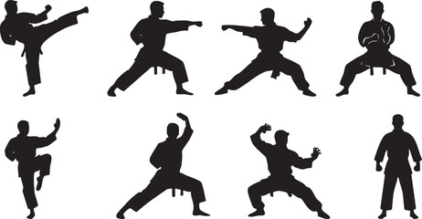 Karate Silhouettes of Martial Arts Fighters in Combat Stances, silhouette, martial arts, fighter, action, sport © SufyanAli