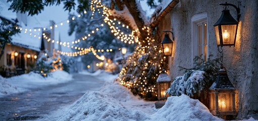 Fototapeta premium Antique lanterns cast warm light on a snowy village street adorned with festive decorations at twilight.