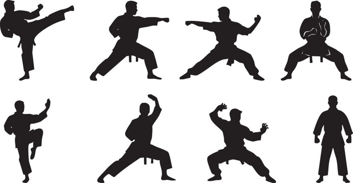 Karate Silhouettes of Martial Arts Fighters in Combat Stances, silhouette, martial arts, fighter, action, sport