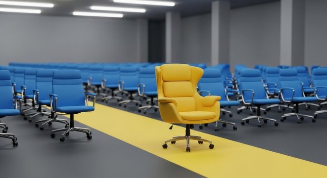 Yellow office chair standing out in a row of blue chairs
