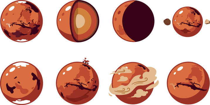 Mars Planet Space Science Icon Set with Internal Core Cross Section, Moons, Rover, and Dust Storm Symbols for Astronomy Education and Sci-Fi Graphic Vector Designs,