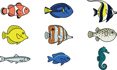 Obraz premium Tropical Coral Reef Fish Icon Set with Clownfish, Blue Tang, Moorish Idol, Seahorse, and Pufferfish Symbols for Aquarium, Marine Life, and Ocean Education Vector Designs