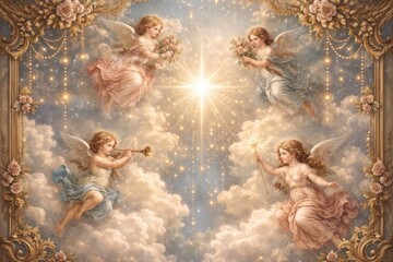 Obraz premium Heavenly angels amidst glowing stars.