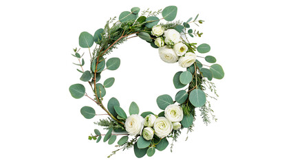 Circular wreath arrangement made of white flowers and green eucalyptus leaves isolated on transparent background © novator-png