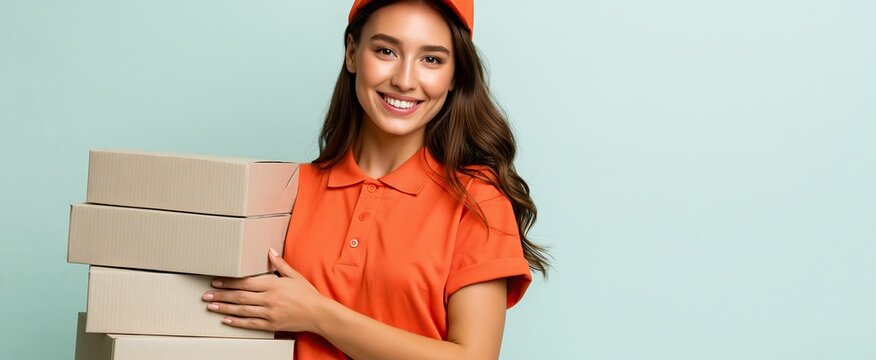 Confident delivery woman in vibrant outfit holding multiple packages against a pastel green background.