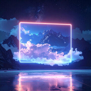 Glowing neon frame displays mountain landscape with clouds and stars at night