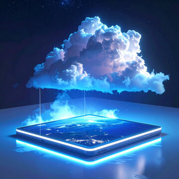Glowing tablet with cloud hovering above, emitting blue light on dark background