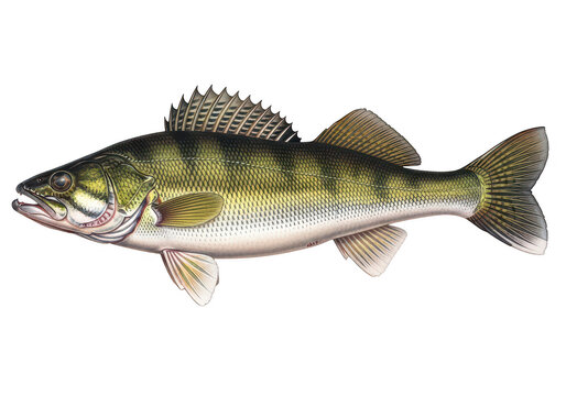 A detailed illustration of a predatory walleye fish swimming in the deep freshwater lake