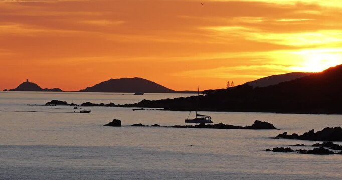 The Sanguinaires archipelago at sunset,  the Ajaccio gulf, Corse du Sud department, Corsica, France.