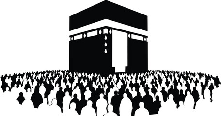 Obraz premium Silhouetted depiction of the kaaba in mecca surrounded by a large crowd of pilgrims during hajj