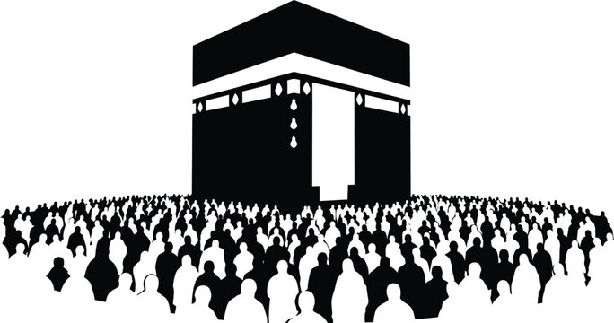 Silhouetted depiction of the kaaba in mecca surrounded by a large crowd of pilgrims during hajj