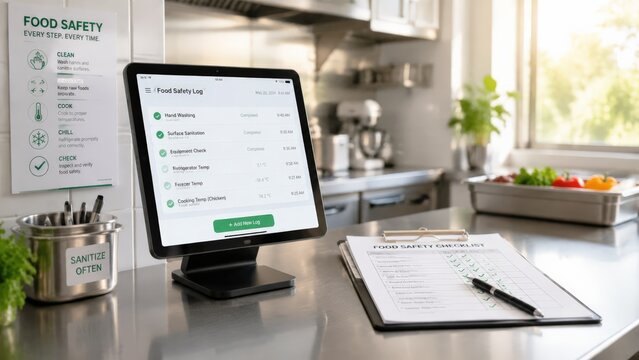 Tablet on stainless counter displays food safety record with completed sanitation, hand washing, equipment check, and cold storage temperatures beside clipboard checklist in bright kitchen workspace