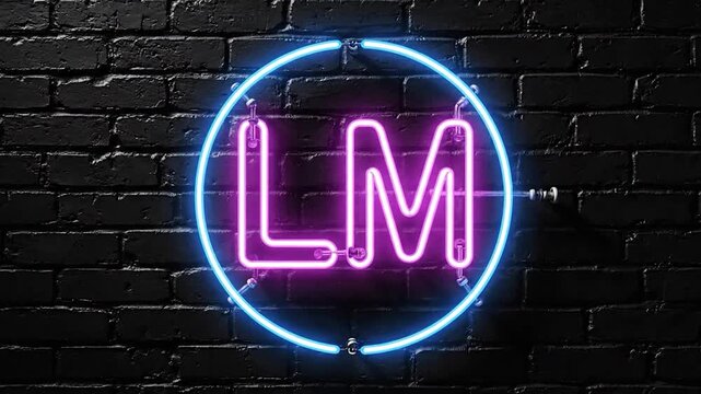 Vibrant neon letters LM with electric glow on a dark brick wall