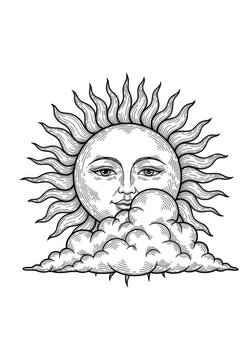 Stylized sun with a human face peeking from behind a fluffy cloud in an engraving art style.