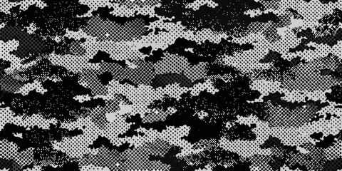 Grayscale halftone camouflage pattern with irregular geometric shapes © Roni