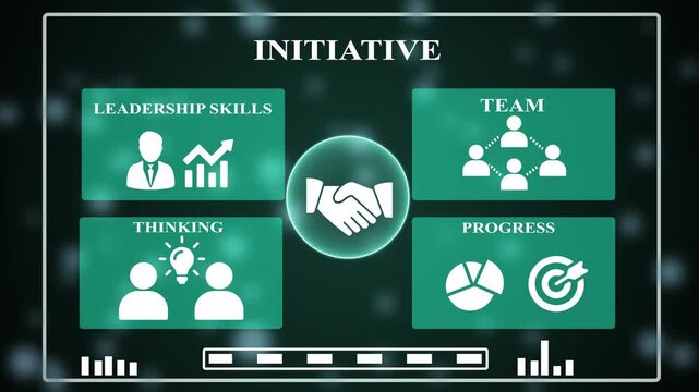 Corporate Initiative Presentation with Leadership and Team Icons,Success Initiative Concept with Goal and Analytics Icons,Business Growth Concept: Leadership, Team, Thinking, Progress