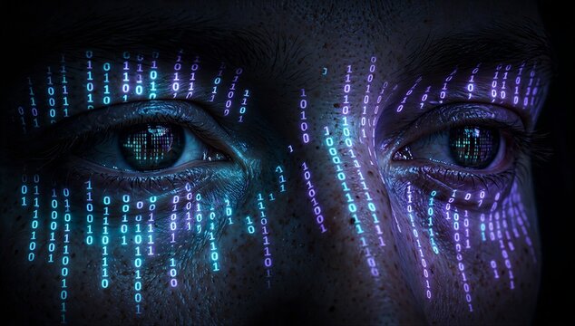 Close up of a human eye with digital code overlay, symbolizing human computer interaction, biometric identity, and ai driven interface.