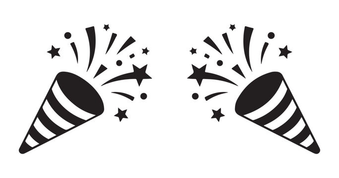 Party popper icons with stars and confetti pieces for festive celebration events isolated on transparent.