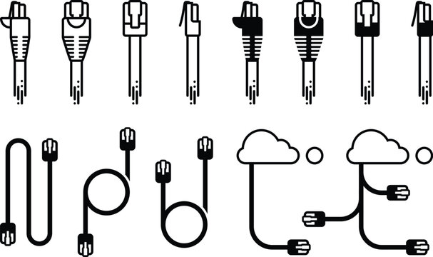 Various types of network cables and connectors illustrated with cloud and device icons for technology diagrams