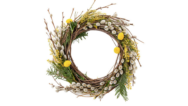 Rustic easter twig wreath with decorative flowers isolated on transparent background