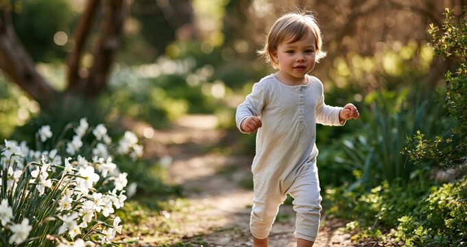 A young child walks carefully along a flower-lined garden path bathed in gentle sunlight, capturing a tender early milestone.