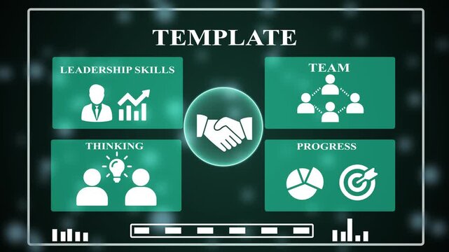 business leadership skills infographic dashboard with team management, strategic thinking, partnership handshake, progress analytics template , corporate hud interface animation