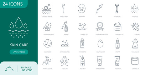 Naklejka premium Skin care line icons set, dermatology and beauty cosmetic linear symbols for facial treatment, anti aging cream graphic design elements on white background