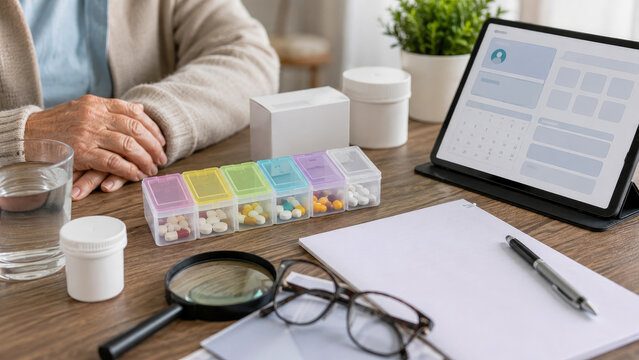 Senior person organizing daily medication in weekly pill organizer box on wooden desk with digital tablet, glasses, and glass of water for healthcare management and wellness tracking