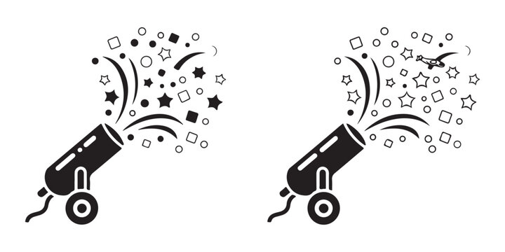 Two black party cannons or confetti launchers with exploding streamers and shapes.
