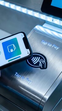 Smartphone displaying mobile payment app held above contactless payment terminal with tap to pay symbol and nfc technology indicator on metallic reader surface.
