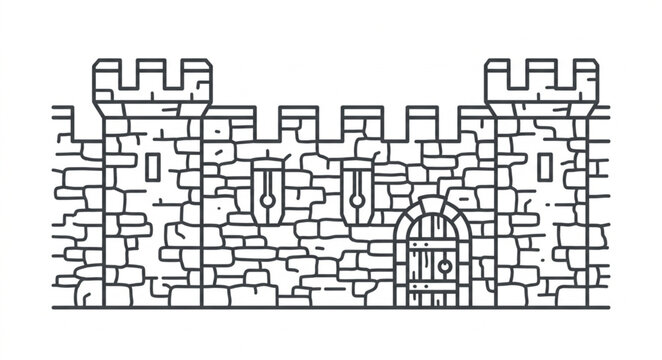 Medieval Castle Wall with Towers and Gate.