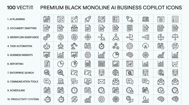 Premium black monoline ai business copilot icons for planning and productivity