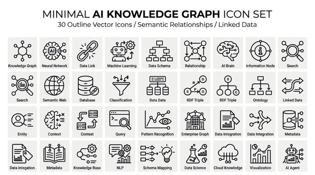 Minimal ai knowledge graph icon set for semantic relationships and linked data