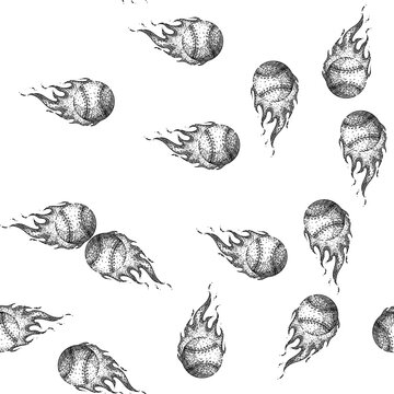 seamless pattern soft baseball ball hand drawn. base isolated, equipment game, silhouette laces soft baseball ball black sketch illustration