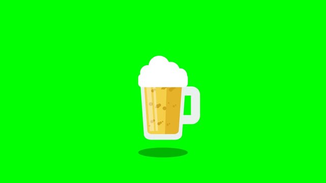 4K flat vector animation of a beer glass filling up with golden liquid and white frothy foam on a chroma key green screen background